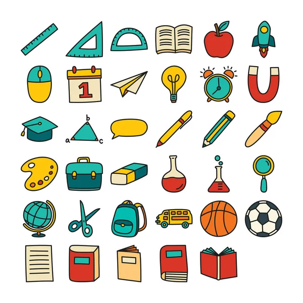 Volver Escuela Icono Conjunto Estilo Contorno Lleno Educación Dibujado Mano — Vector de stock