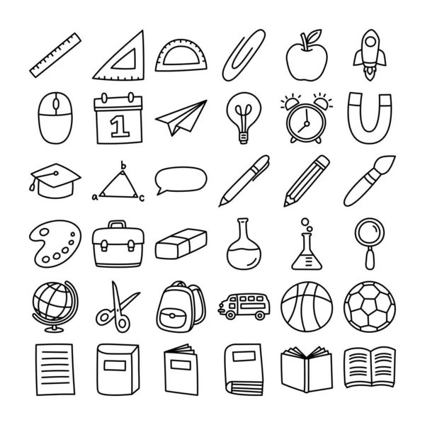 Voltar Ícone Escola Definir Estilo Doodle Educação Objetos Desenhados Mão — Vetor de Stock