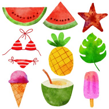 Yaz suluboya element kümesi. Beyaz arkaplanda izole ögeler.