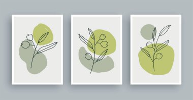 Zeytin dalı botanik duvarı resim arka planı. Yaprak sanatı ve soyut şekilli el çizimi. Orta yüzyıl İskandinav tarzı.