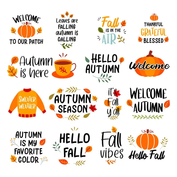 秋天手绘字母集 带有标语贴纸的秋季短语捆绑设计 — 图库矢量图片