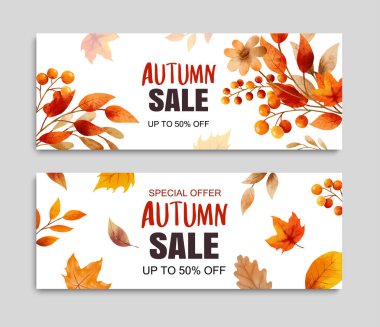 Sonbahar indirimi afiş şablonu arka planı. Yapraklar ve metinlerle sonbahar alışverişi.