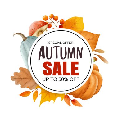Sonbahar indirimi afiş şablonu arka planı. Yapraklar ve metinlerle sonbahar alışverişi.