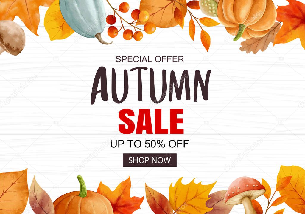 Autumn sale banner template wood background. Autumn shopping sale with leaves and text.