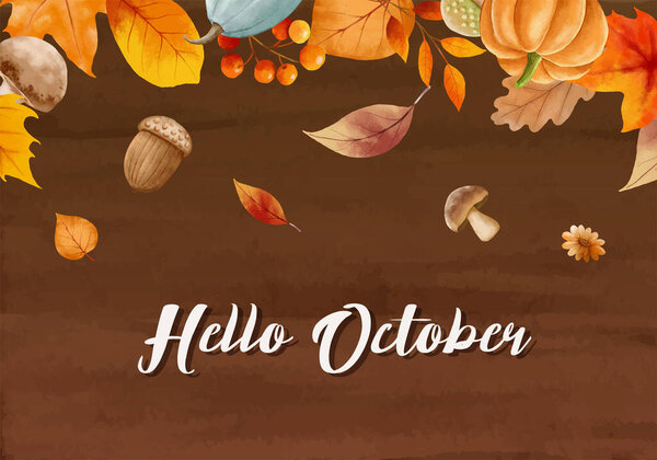 Hello october with ornate of leaves flower background. Autumn october hand drawn lettering template design.