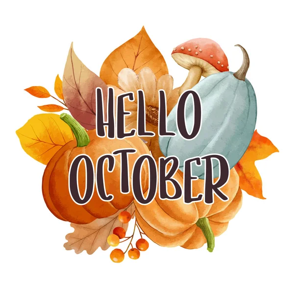 Hej Oktober Med Utsmyckade Blad Blomma Bakgrund Hösten Oktober Handritade — Stock vektor