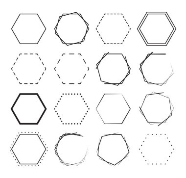 Altıgen sınır arkaplanı seti. Geometrik çerçeve dekorasyon elemanları tasarımı.