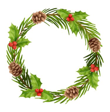 Noel çelengi süslemeleri suluboya tarzında. Holly Berry, köknar, dal, kozalak, ladin, beyaz arka planda izole edilmiş..