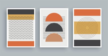 Boho renklerine sahip soyut duvar resimleri. Minimalist geometrik elementler ve el çizimi çizgileri. Orta yüzyıl İskandinav tarzı.