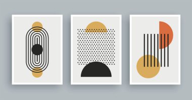 Boho renklerine sahip soyut duvar resimleri. Minimalist geometrik elementler ve el çizimi çizgileri. Orta yüzyıl İskandinav tarzı.