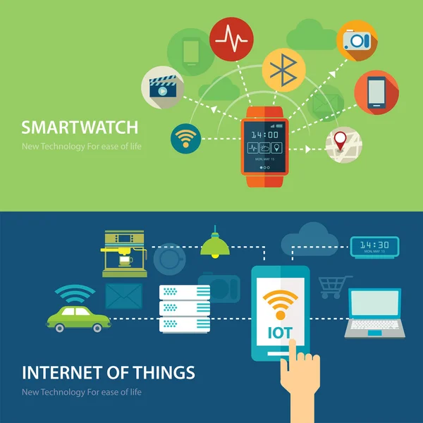 Conceptos para reloj inteligente e internet de las cosas diseño plano — Archivo Imágenes Vectoriales