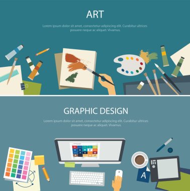 Sanat eğitimi ve grafik web banner düz tasarımı tasarım