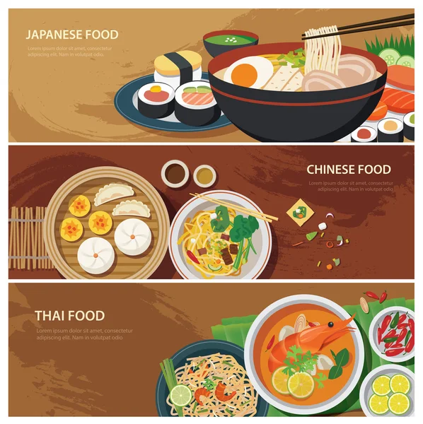 Asia street food web banner, comida tailandesa, comida japonesa, chines — Vector de stock