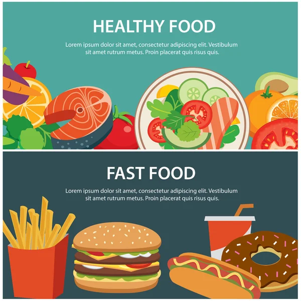 Healthy food and fast food concept banner flat design — Stock Vector