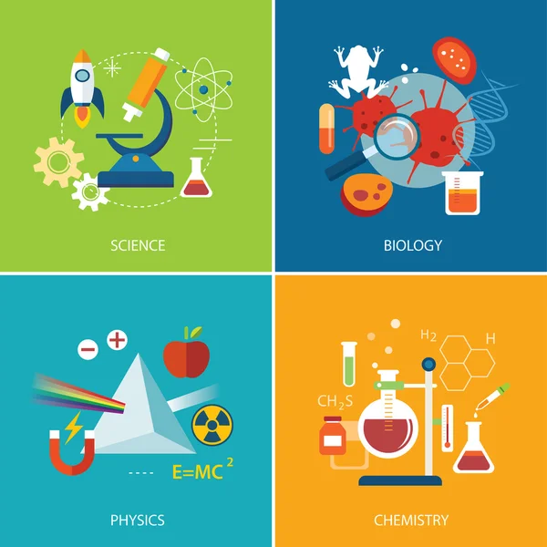 科学概念、物理学、化学、生物学のフラット デザイン — ストックベクタ