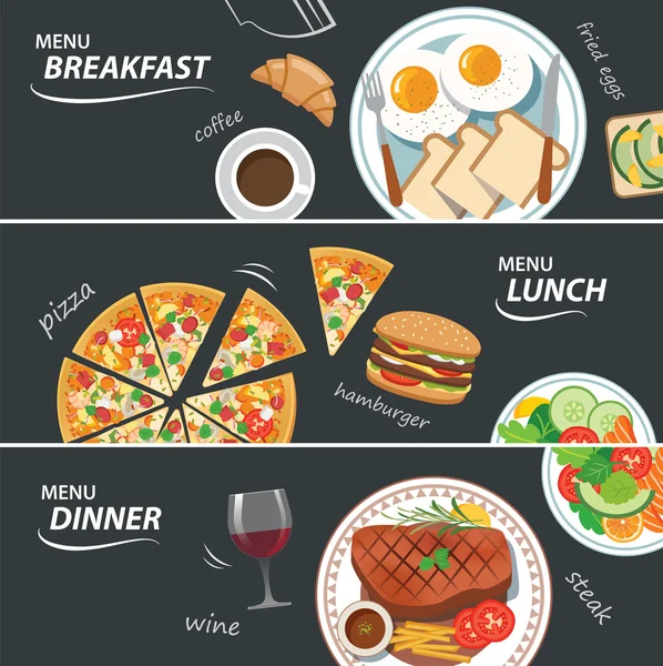 Conjunto de almuerzo de desayuno y cena web banner — Vector de stock