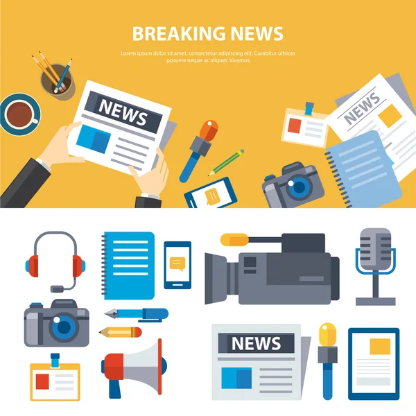 Breaking News und Medienbanner Elemente Konzept flaches Design — Stockvektor