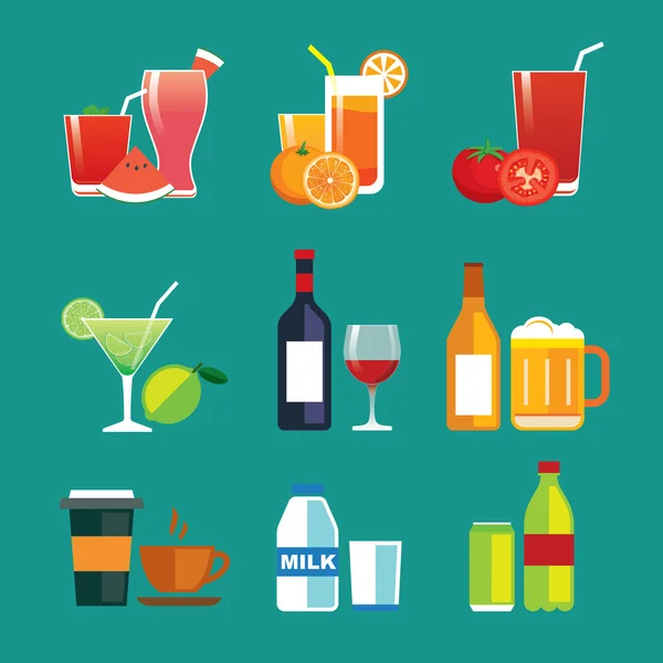 Conjunto de iconos de diseño plano de bebidas y bebidas — Vector de stock