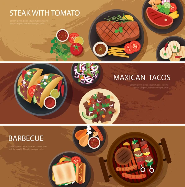 Street food banner, steak, taco maksika, barbekyu - Stok Vektor