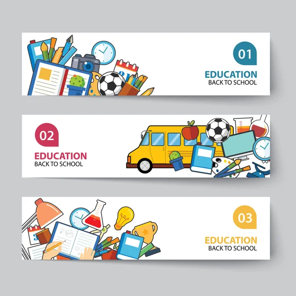 Educación y volver al concepto de banner escolar diseño plano — Vector de stock