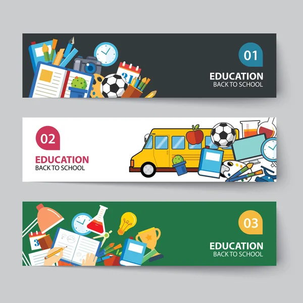 Educación y volver al concepto de banner escolar diseño plano — Vector de stock