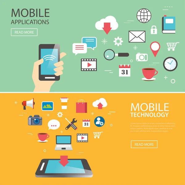 Modelo de banner de tecnologia de aplicação móvel design plano — Vetor de Stock