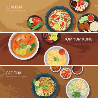 Tay gıda web afiş düz design.som tam, tom yum kung, pad Tay