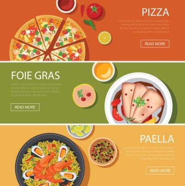 popüler gıda web banner düz tasarımı, pizza, kaz ciğeri, paella