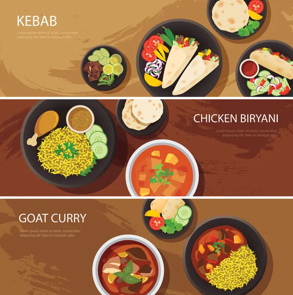 Banner makanan halal desain rata, kebab, ayam biryani, kambing - Stok Vektor