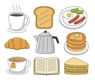 Elle çizilmiş güzel kafeterya yemekleri çizimi ile kahvaltı seti.