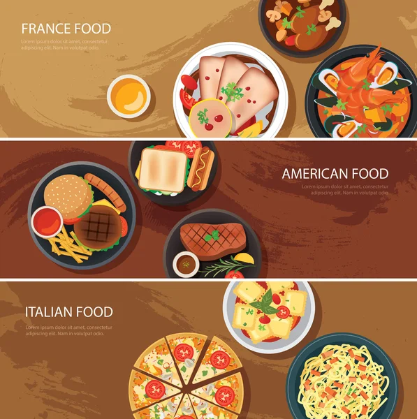 Conjunto de comida web banner flat design.France comida, comida americana, It — Vetor de Stock