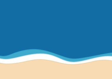 Mavi deniz ve tropikal kumsalda beyaz köpük dalgalarıyla yaz sahnesi.