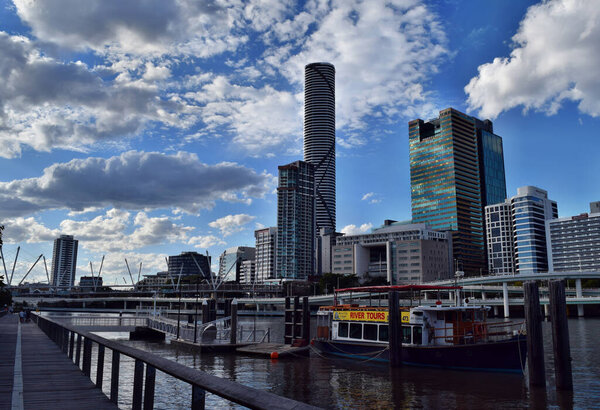 Brisbane, Queensland, Australia, - September 27, 2017: Transport river and modern glass skyscrapers with Meriton near the Brisbane River