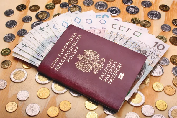 Polish passport and money coins — Stock Photo, Image