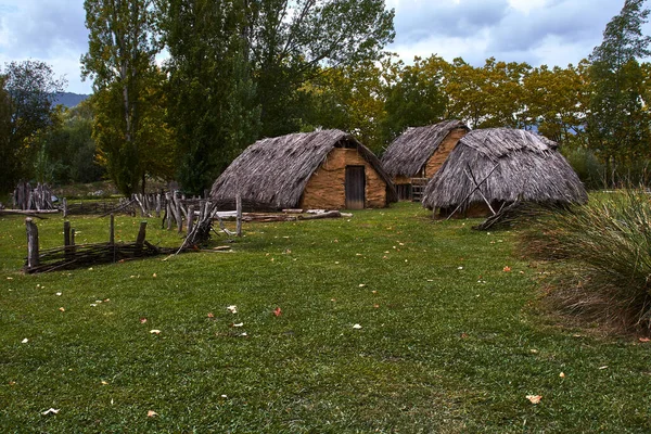 Neolithisches Dorf Mit Lehmhütten Und Schilf Auf Einer Wiese Mit Stockfoto