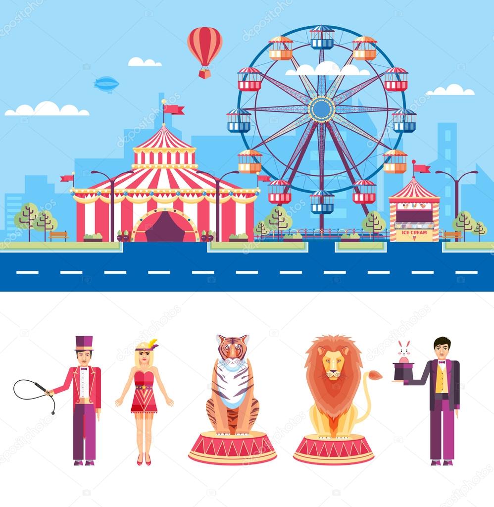 Circus with animal trainers and magician