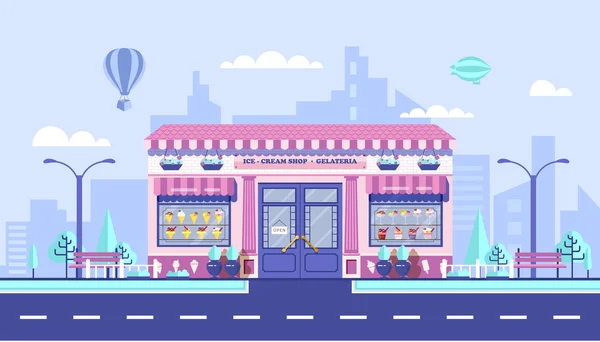 Rua da cidade com café de sorvete — Vetor de Stock