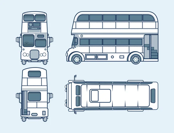 Top bus rosso a due piani, anteriore, laterale, posteriore vista linea stile — Vettoriale Stock