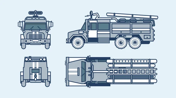 Red fire engine top, front, side, back view line style Stok Ilustrasi 