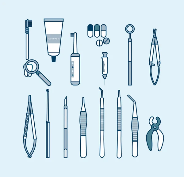Conjunto de consultório médico com equipamentos odontológicos em estilo linha — Vetor de Stock