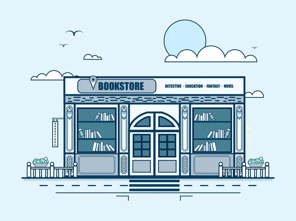 Rue de la ville avec librairie, librairie, architecture moderne dans le style de ligne — Image vectorielle