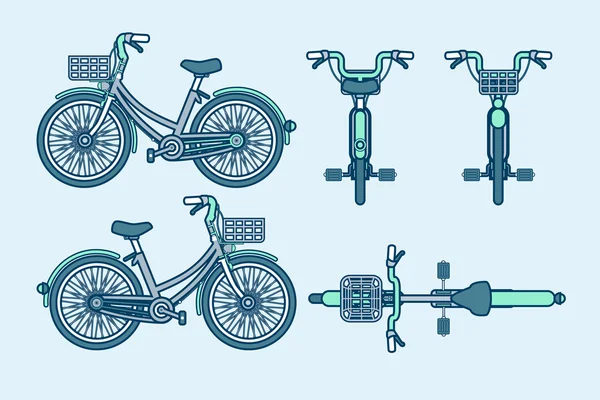 Экологичный велосипед спереди, сбоку, вид сзади линии стиля — стоковый вектор