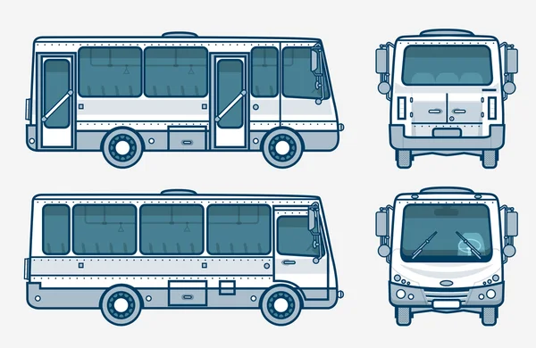 Frente de autobús, lado, estilo de línea de vista trasera — Vector de stock