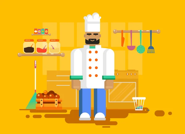 Chef en uniforme, cocina, utensilios, muebles — Vector de stock
