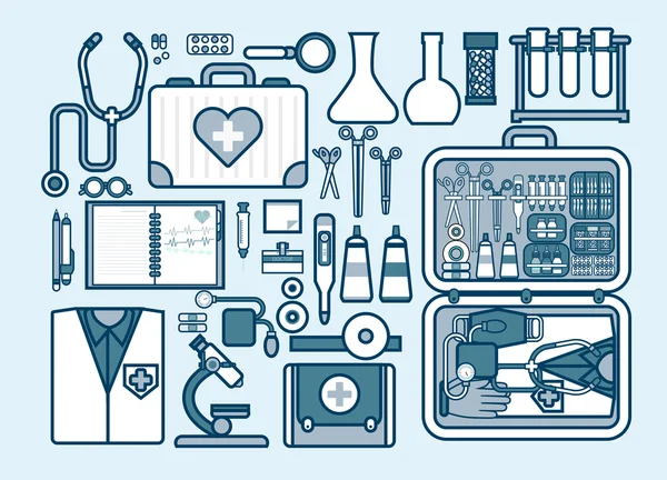 Illustration von medizinischen Hilfsgütern, Medikamenten, Pillen, Werkzeugen, Kleidung, medizinischen Koffern im Stile einer Linie — Stockvektor