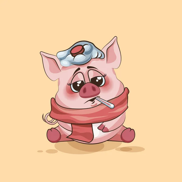 Ізольований персонаж смайлів мультфільм свині хворі з термометром у роті смайлик наклейки — стоковий вектор