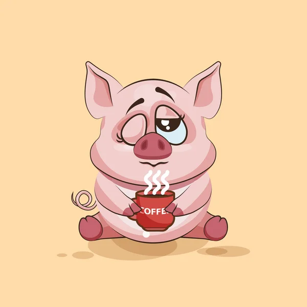 Isolated Emoji character cartoon Pig just woke up with cup of coffee sticker emoticon — Stock Vector