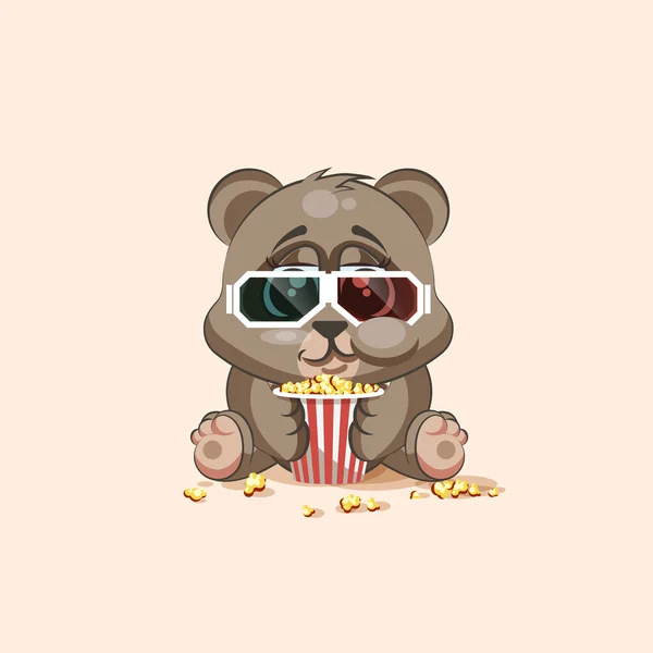 Эмодзи персонаж мультфильма Медведь жует попкорн, смотрит фильм в 3D очки наклейка смайлик — стоковый вектор