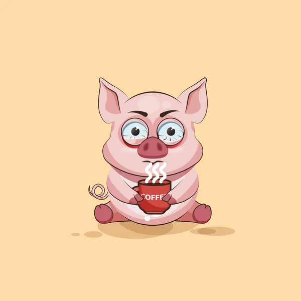 Emoji carácter aislado de dibujos animados Cerdo nervioso con taza de café pegatina emoticono — Vector de stock