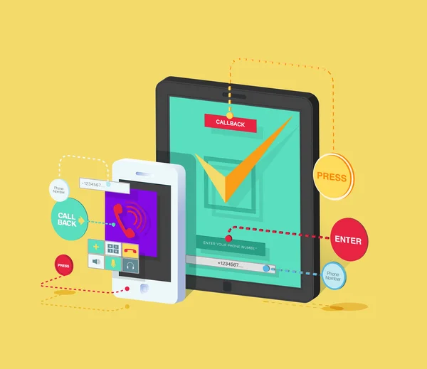 Ilustración del teléfono móvil y la tableta con la aplicación para ordenar la llamada de nuevo Isométrico en estilo plano — Vector de stock